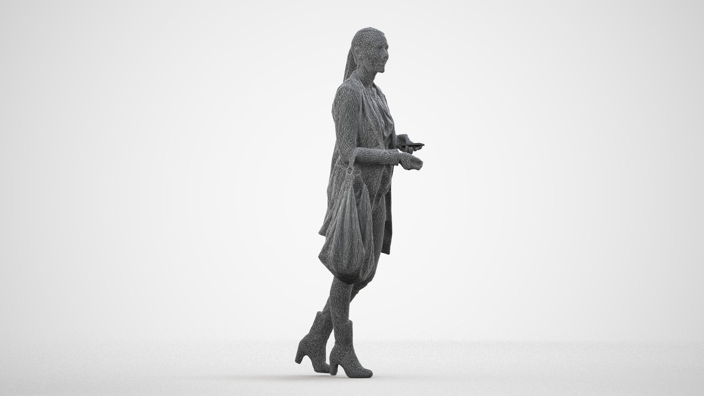 3D human model woman business walking, photogrammetry scanned person for archviz, wireframe side view