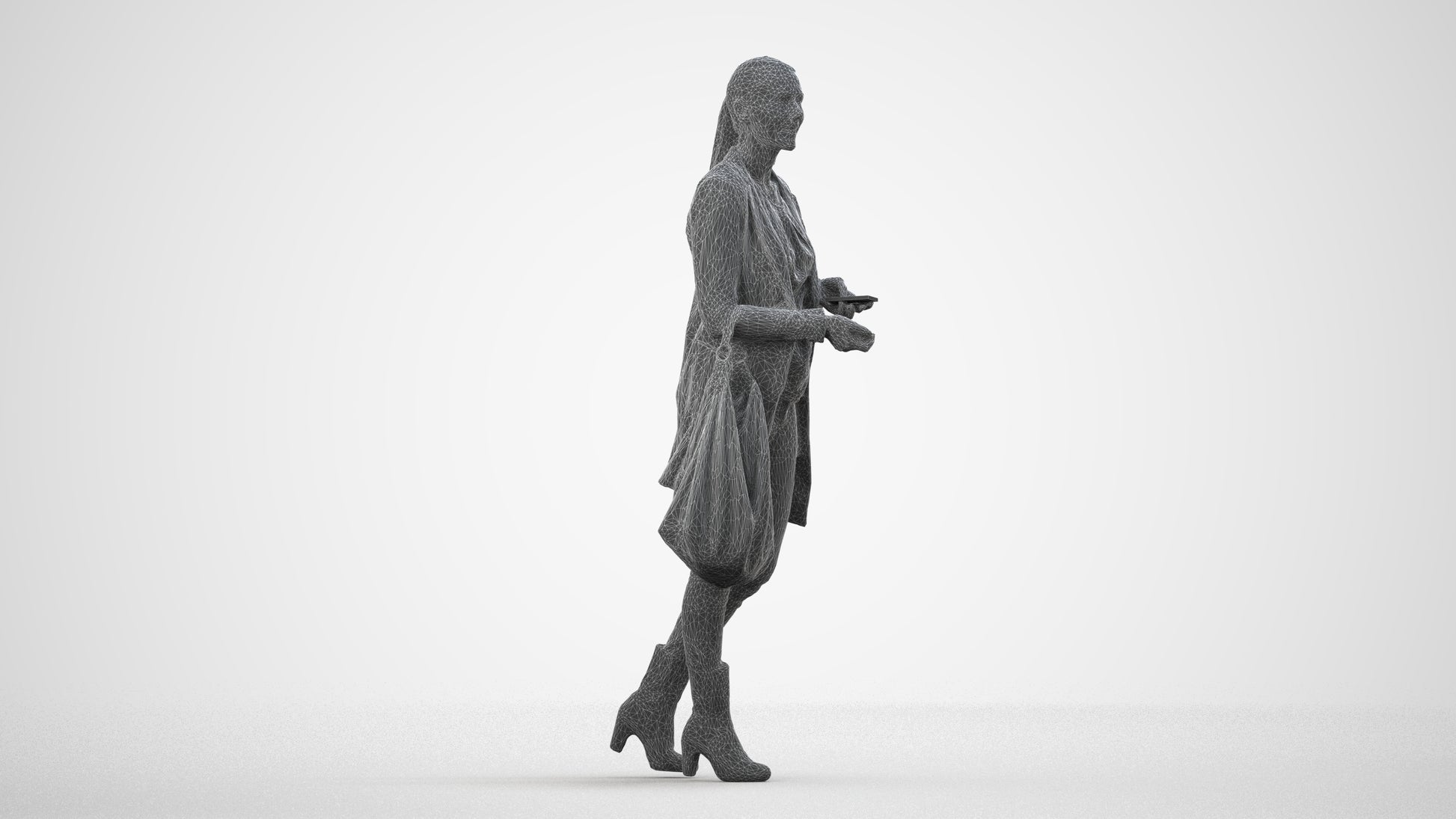 3D human model woman business walking, photogrammetry scanned person for archviz, wireframe side view