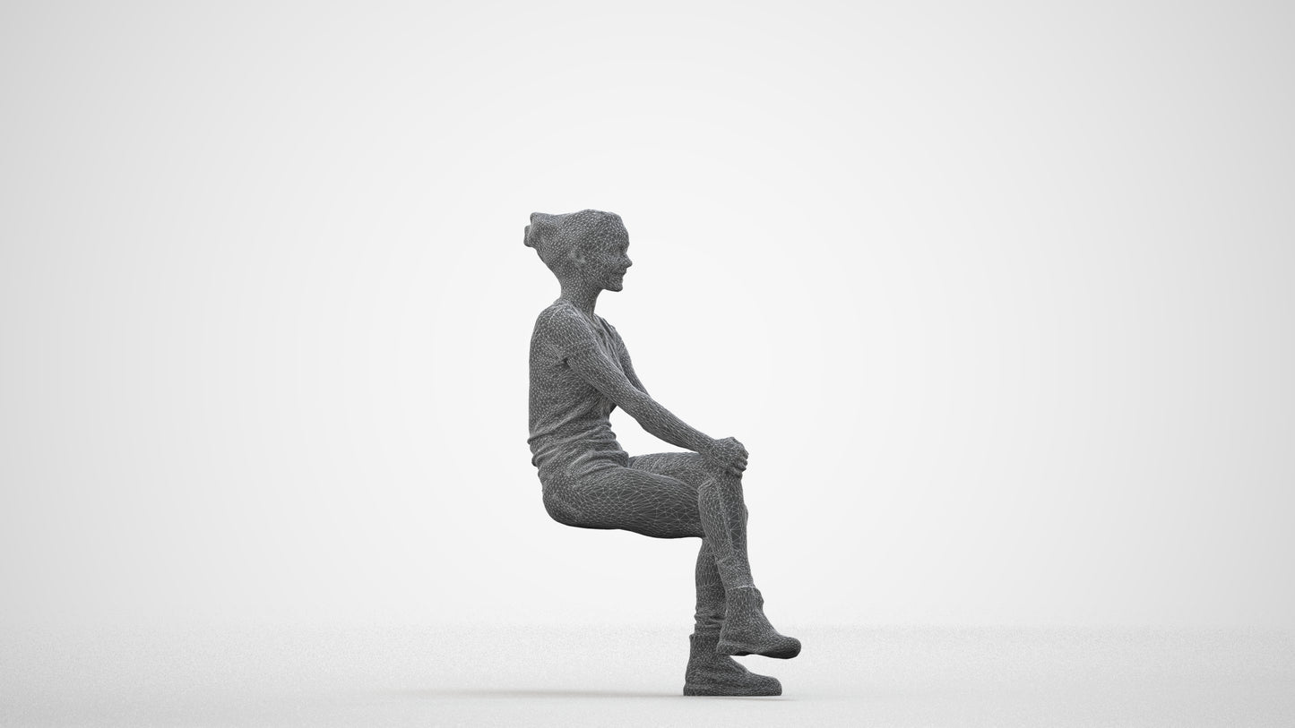 3D human model woman casual sitting, photogrammetry scanned person for archviz, wireframe side view
