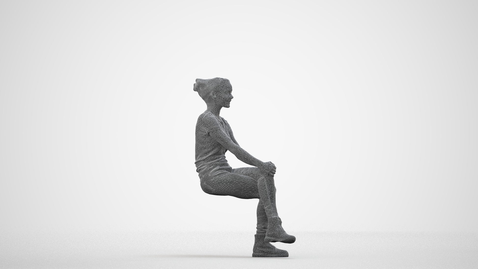 3D human model woman casual sitting, photogrammetry scanned person for archviz, wireframe side view