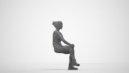 3D human model woman casual sitting, photogrammetry scanned person for archviz, wireframe side view