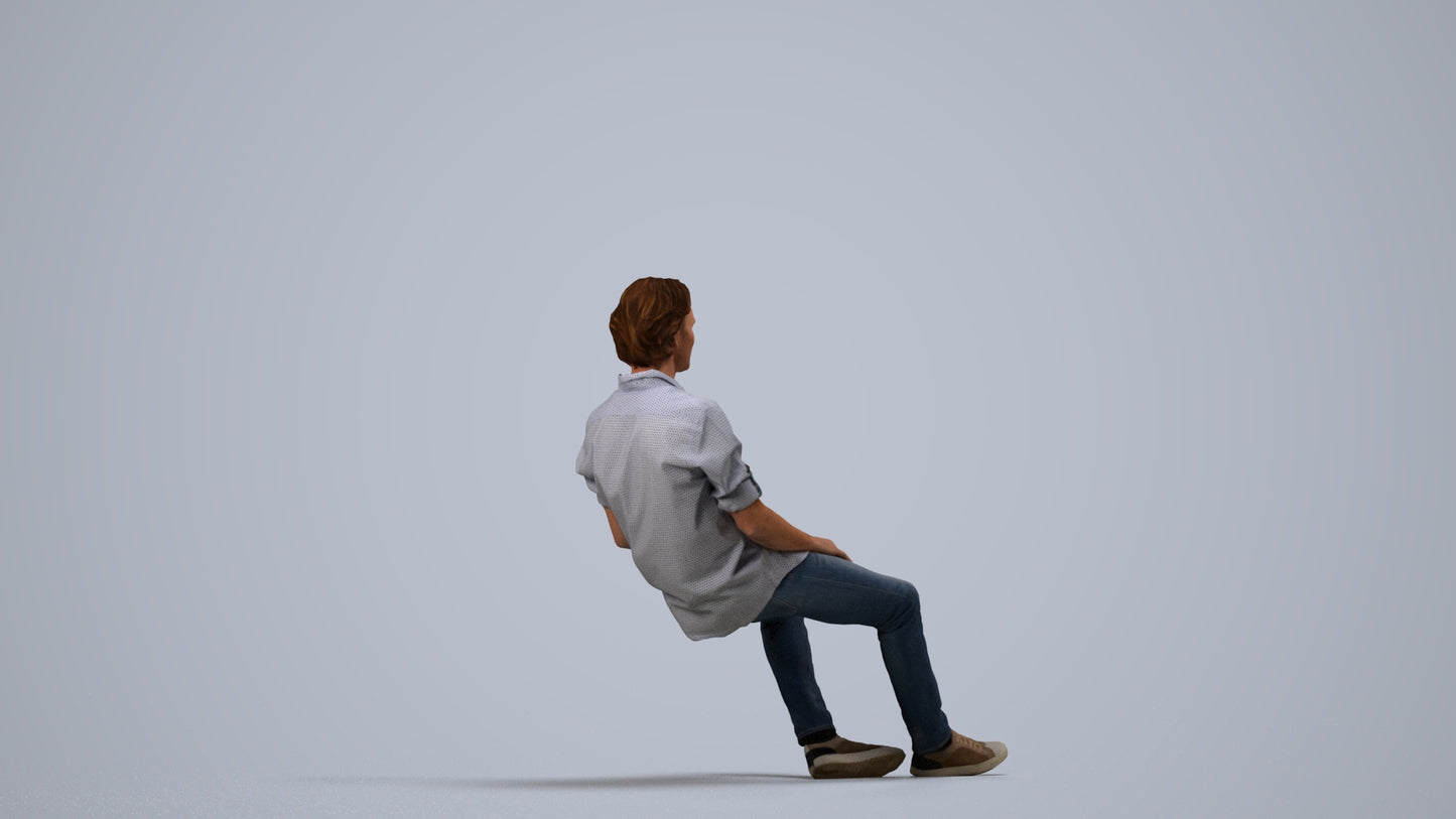 realistic 3D human man casual sitting, archviz people FBX OBJ for Blender, side view render