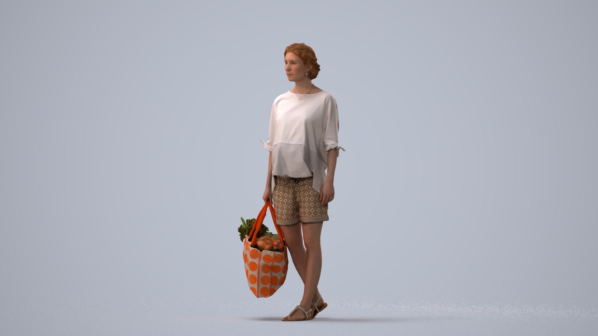 3D scanned woman shopping casual, photorealistic archviz people for Enscape and SketchUp, three-quarter view render