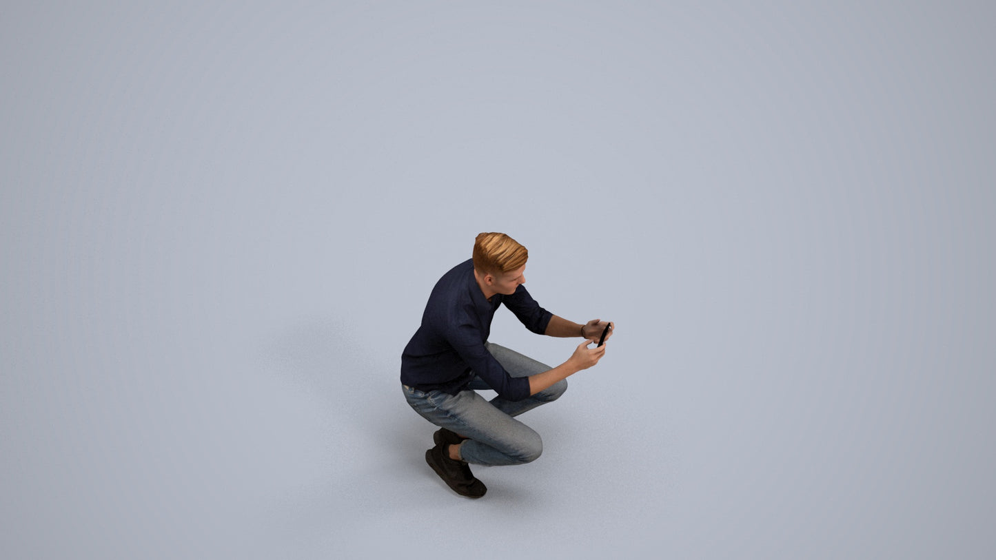 realistic 3D man casual sitting, scanned archviz people for Blender and 3ds Max, back view render