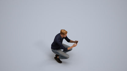 realistic 3D man casual sitting, scanned archviz people for Blender and 3ds Max, back view render