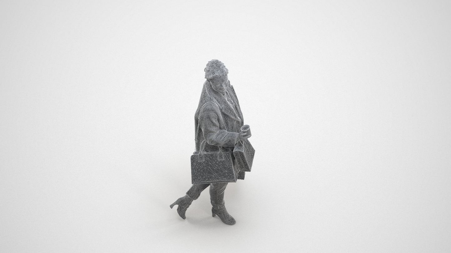 realistic 3D woman business shopping, scanned archviz people for Blender and 3ds Max, wireframe three-quarter view