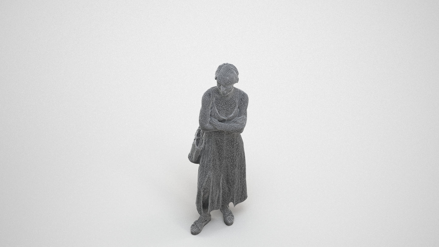3D human model senior woman standing, photogrammetry scanned person for archviz, wireframe three-quarter view