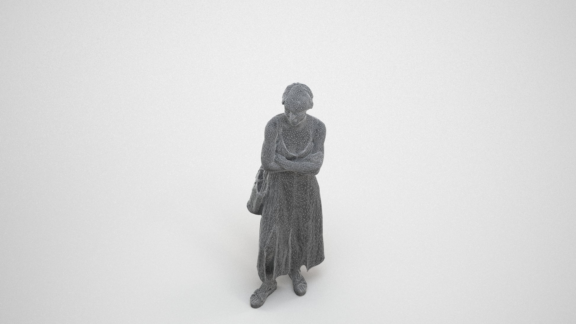 3D human model senior woman standing, photogrammetry scanned person for archviz, wireframe three-quarter view