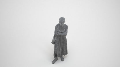 3D human model senior woman standing, photogrammetry scanned person for archviz, wireframe three-quarter view