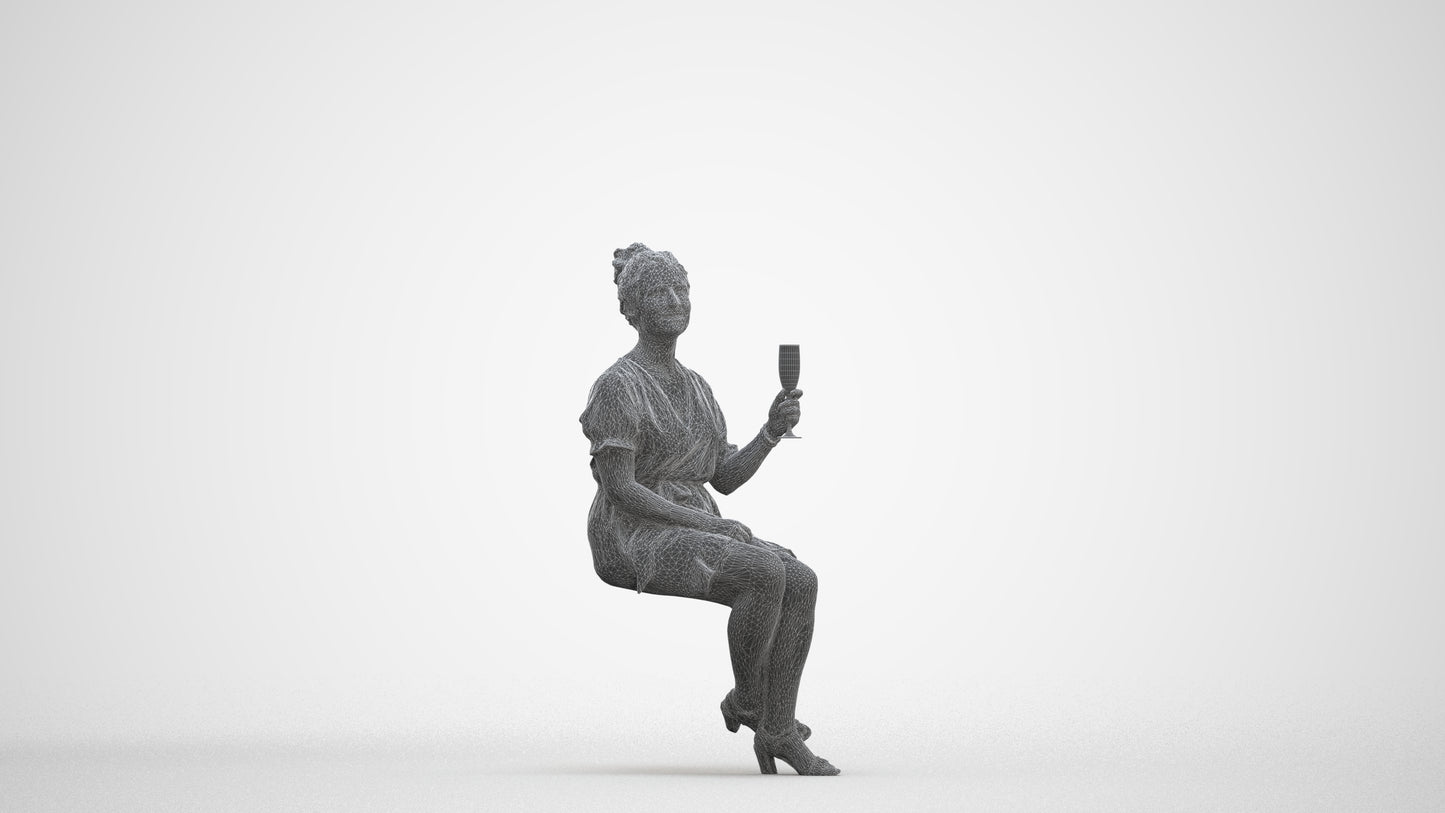 scanned 3D woman casual sitting, photogrammetry people for Enscape and V-Ray, three-quarter front view render