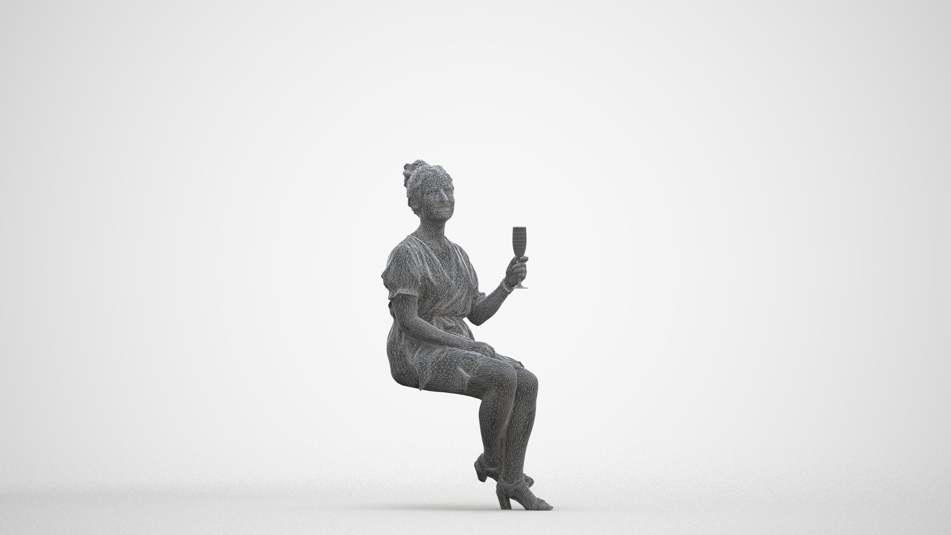 scanned 3D woman casual sitting, photogrammetry people for Enscape and V-Ray, three-quarter front view render