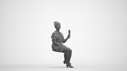 scanned 3D woman casual sitting, photogrammetry people for Enscape and V-Ray, three-quarter front view render