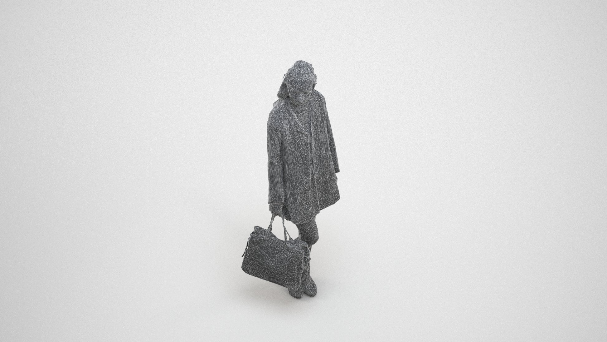 photogrammetry 3D woman business standing, realistic human model archviz FBX, wireframe three-quarter view