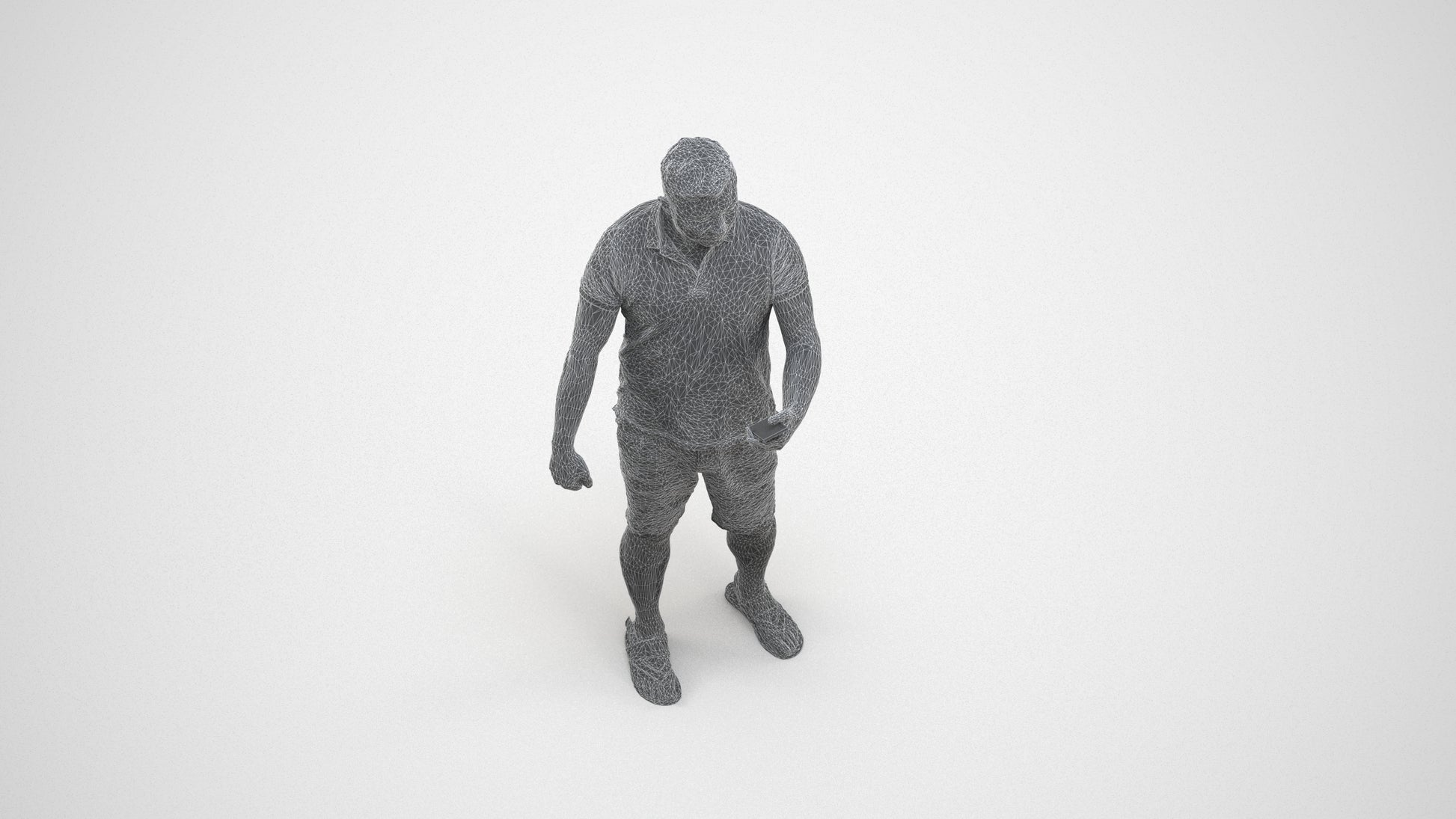 realistic 3D man casual standing, scanned archviz people for Blender and 3ds Max, wireframe three-quarter view