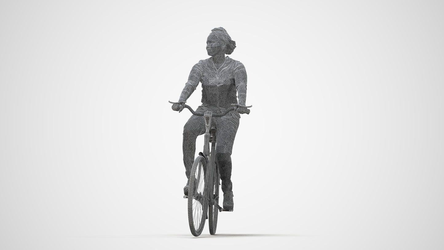 realistic 3D woman casual cycling, scanned archviz people for Blender and 3ds Max, wireframe back view