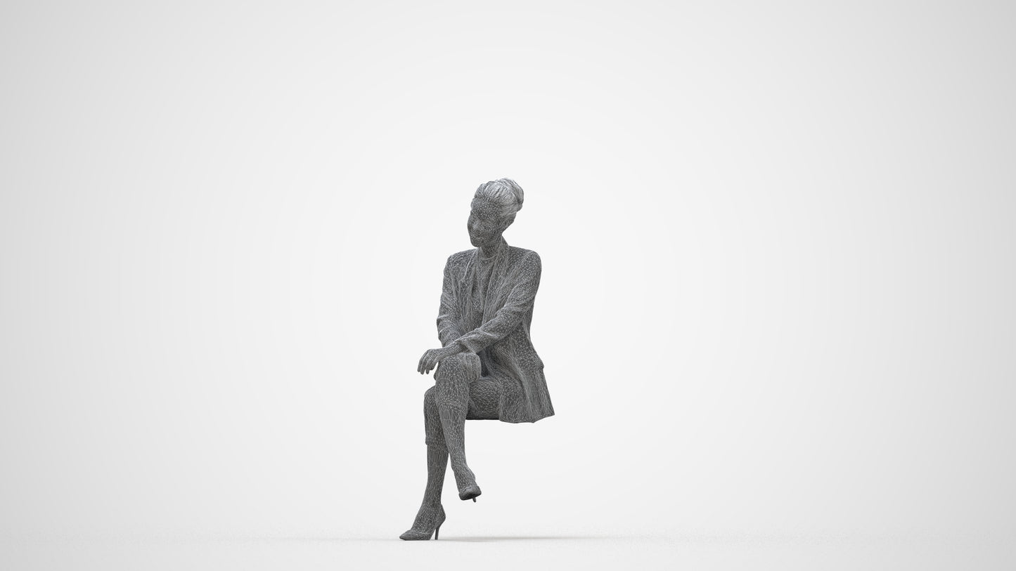 3D human model woman business sitting, photogrammetry scanned person for archviz, wireframe back view