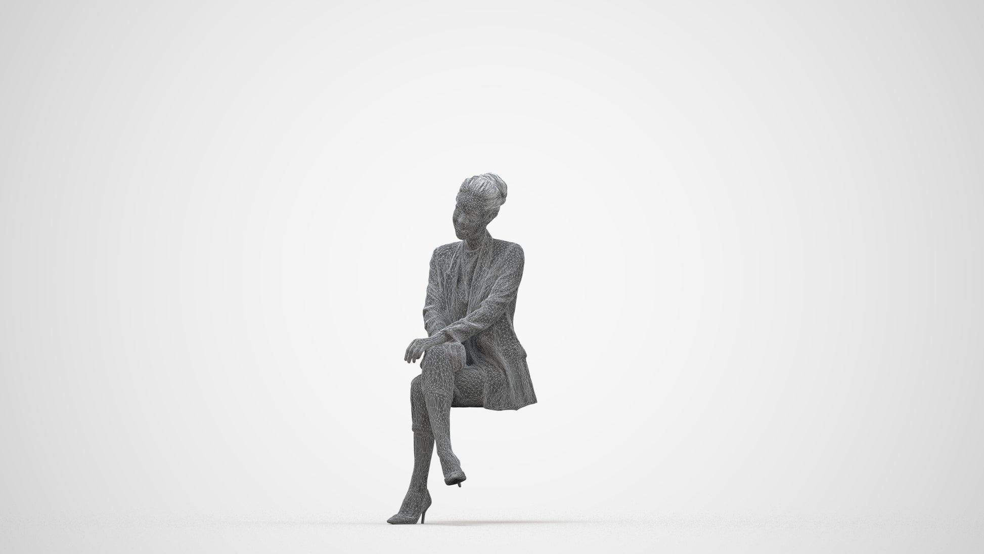3D human model woman business sitting, photogrammetry scanned person for archviz, wireframe back view