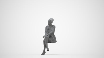 3D human model woman business sitting, photogrammetry scanned person for archviz, wireframe back view