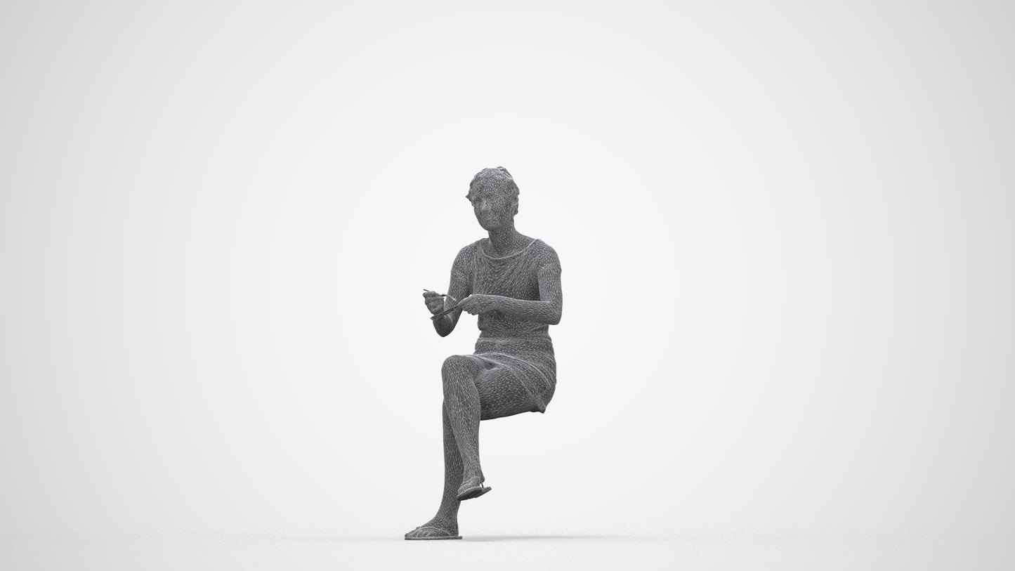 scanned 3D woman casual sitting, photogrammetry people for Enscape and V-Ray, wireframe back view