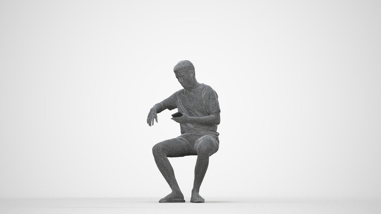 realistic 3D man casual sitting, scanned archviz people for Blender and 3ds Max, wireframe back view