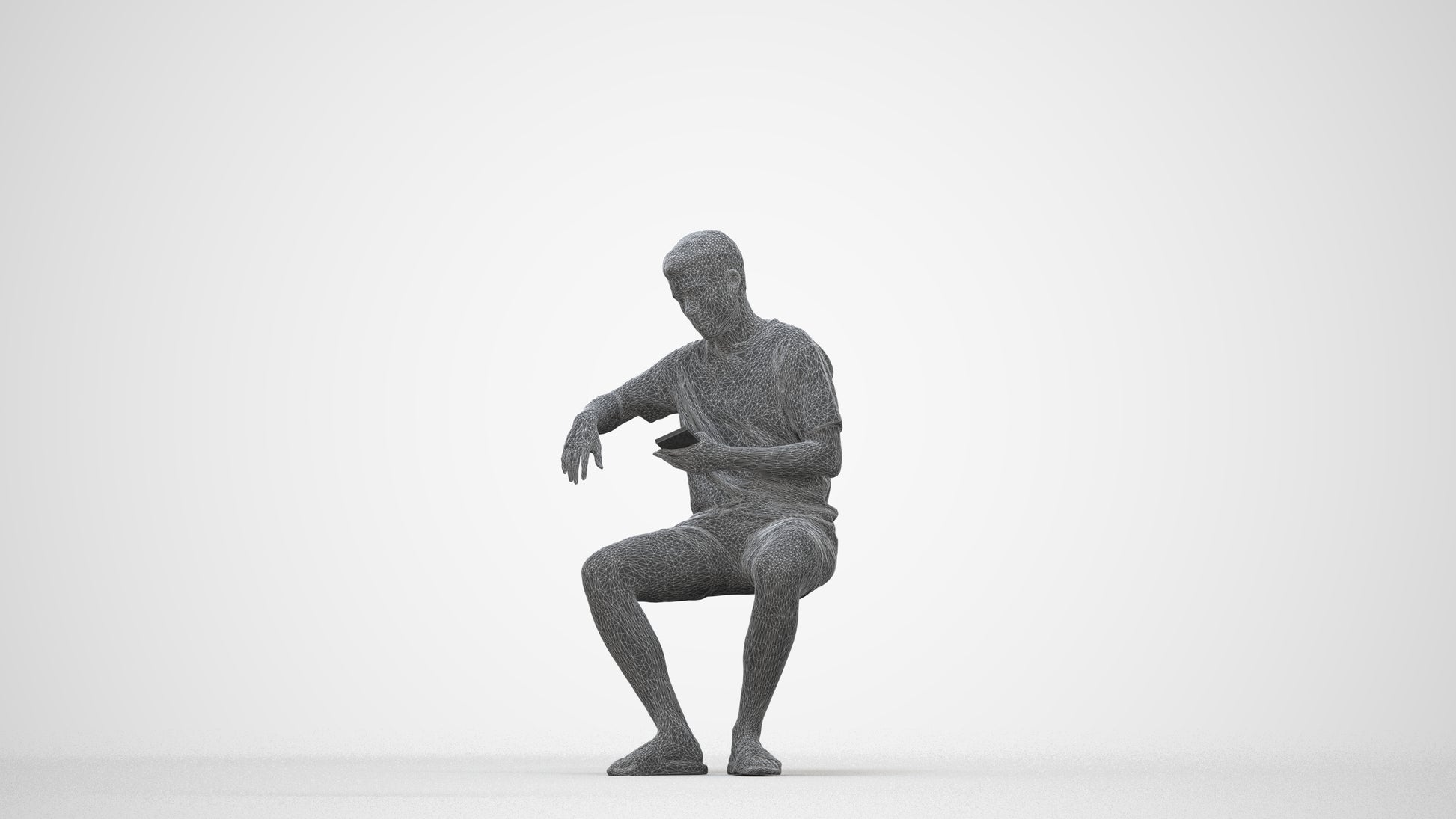 realistic 3D man casual sitting, scanned archviz people for Blender and 3ds Max, wireframe back view