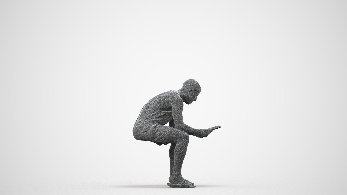 realistic 3D people man casual sitting, render-ready for V-Ray and Corona, FBX OBJ, wireframe side view