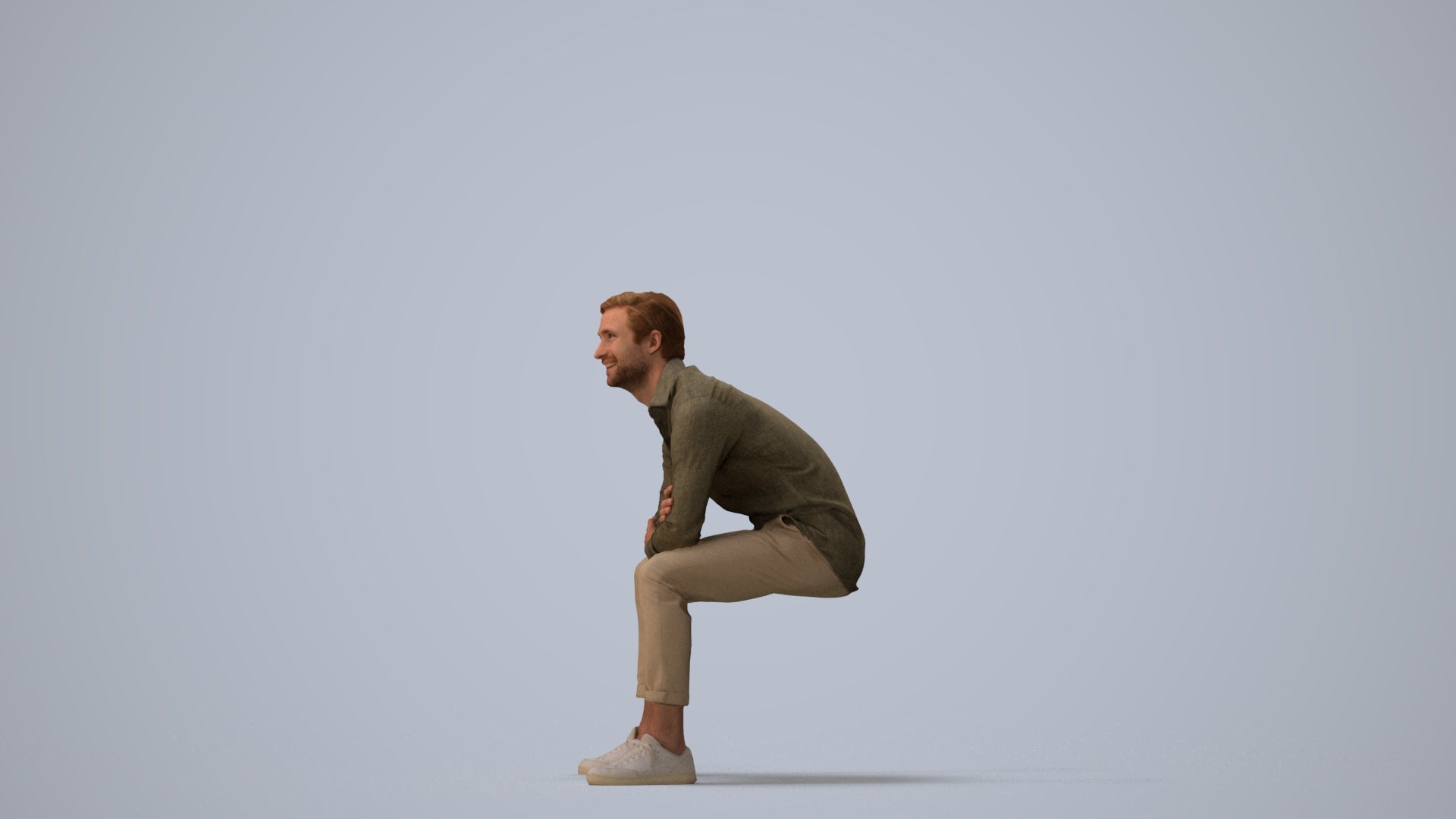 3D scanned man sitting casual, photorealistic archviz people for Enscape and SketchUp, three-quarter view render