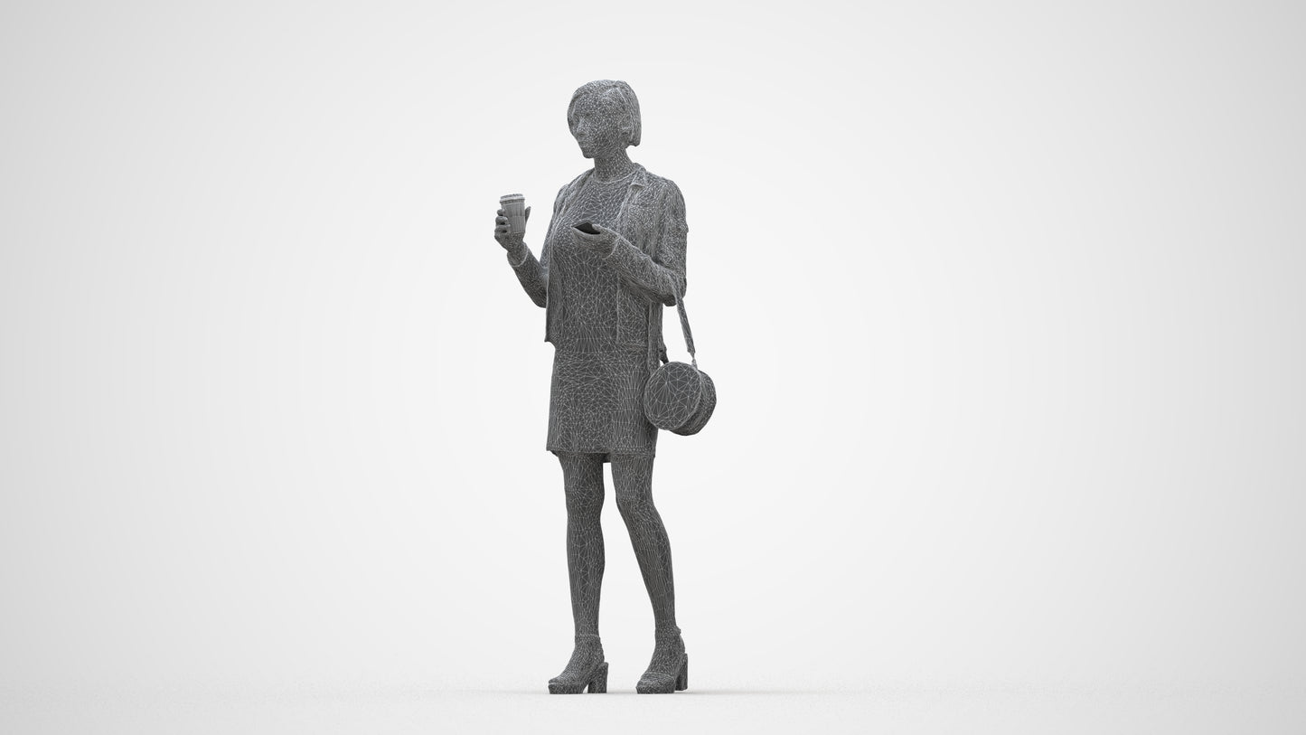 realistic 3D human woman casual standing, archviz people FBX OBJ for Blender, wireframe back view