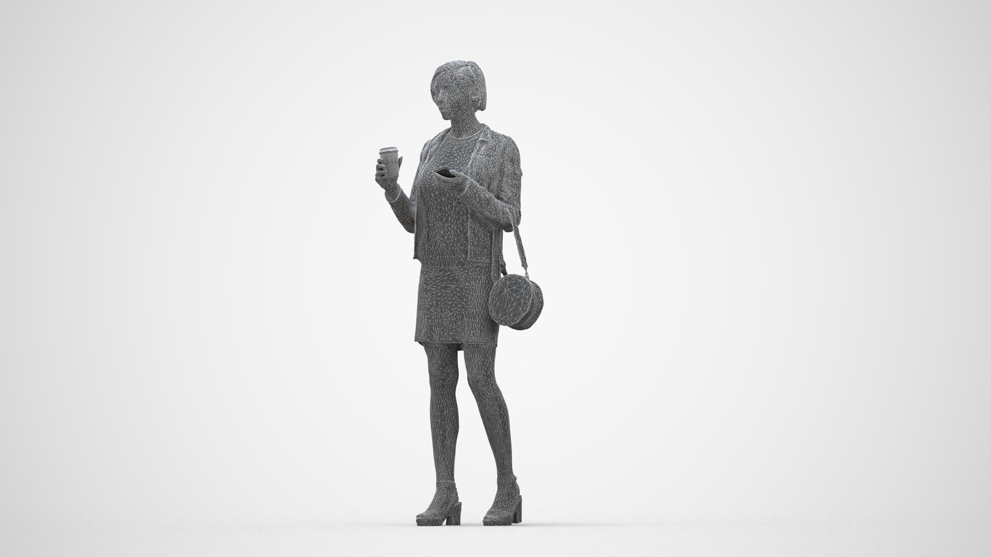 realistic 3D human woman casual standing, archviz people FBX OBJ for Blender, wireframe back view