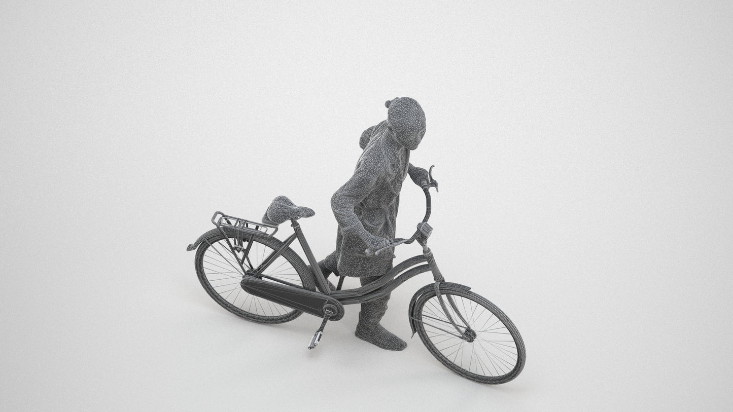 realistic 3D people woman casual cycling, render-ready for V-Ray and Corona, FBX OBJ, wireframe three-quarter view