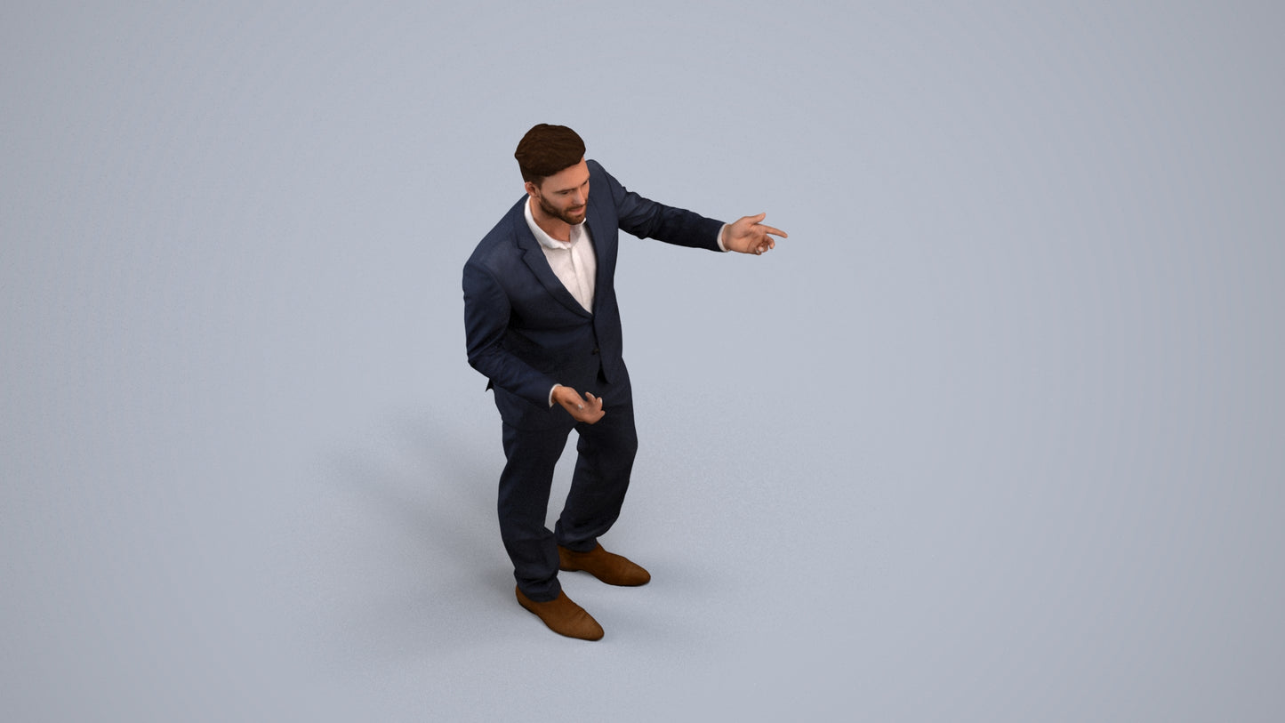 3D human model man business, photogrammetry scanned person for archviz, back view render