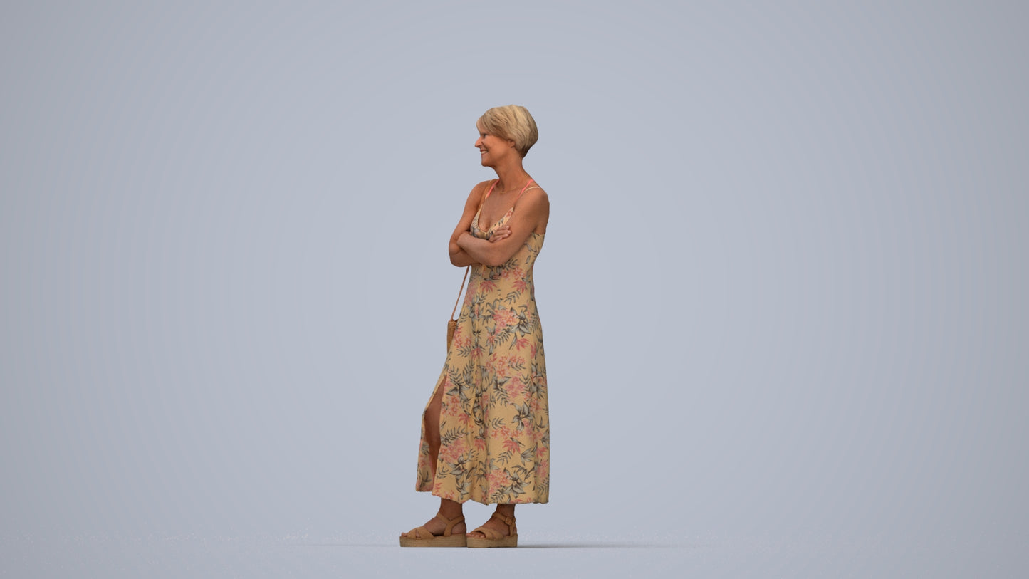 3D human model senior woman standing, photogrammetry scanned person for archviz, top-down view render