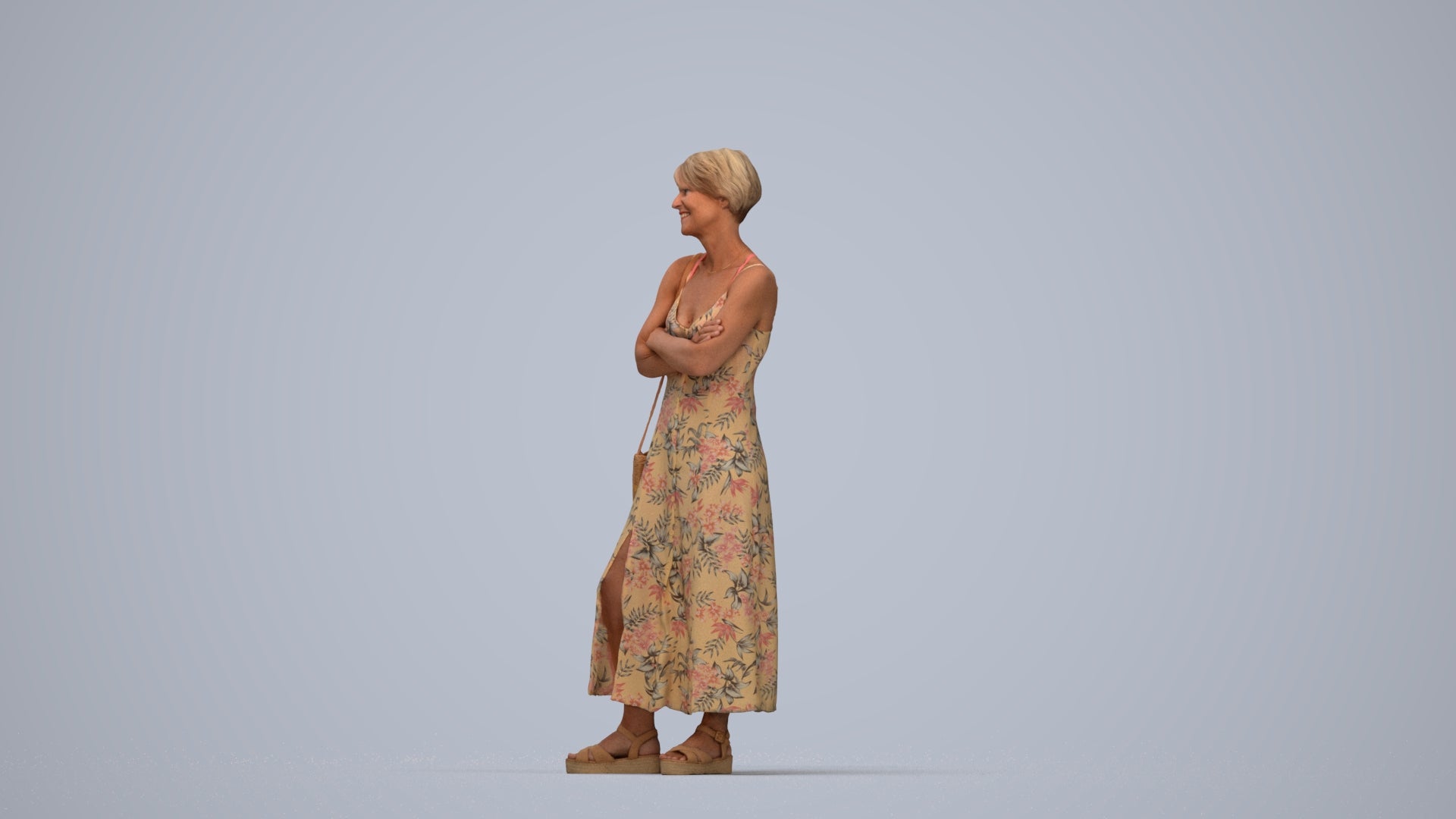 3D human model senior woman standing, photogrammetry scanned person for archviz, top-down view render