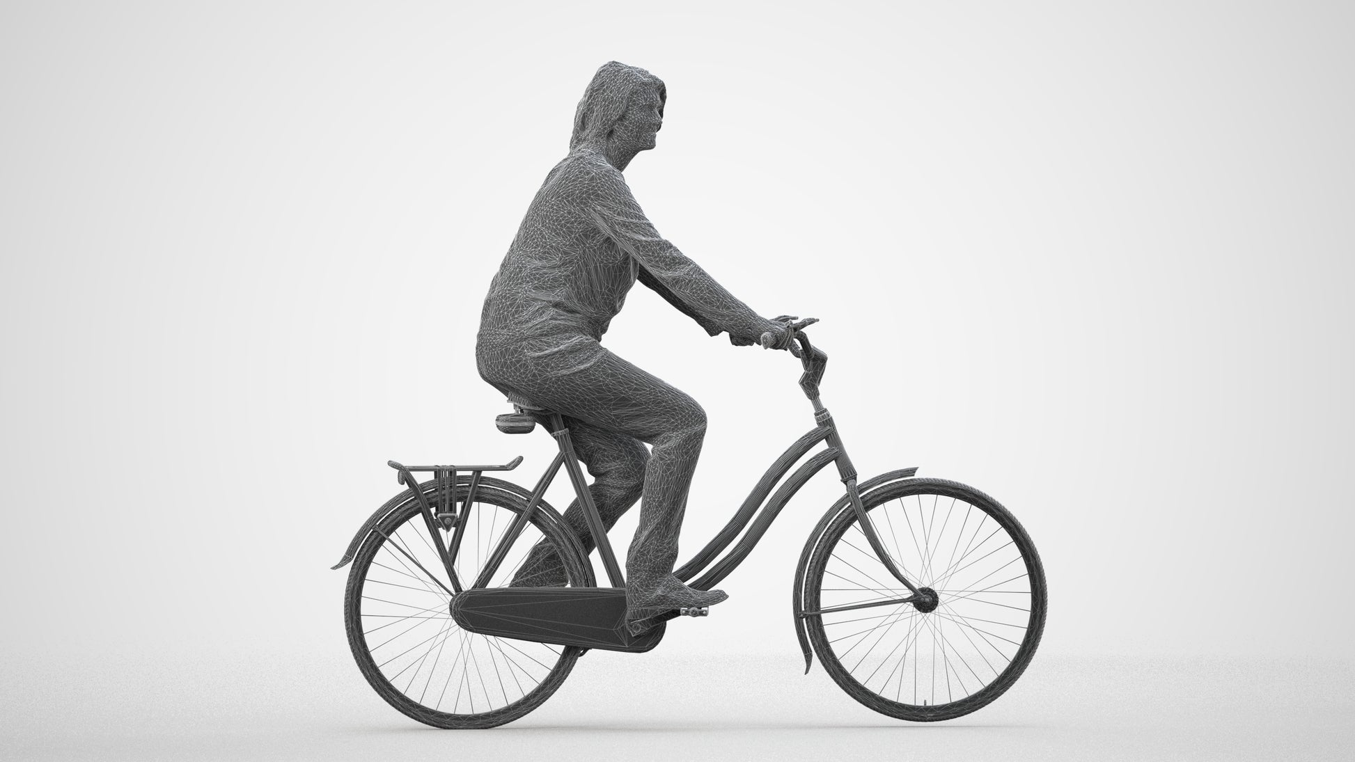 3D people model woman casual cycling, scanned human for 3ds Max rendering, wireframe side view