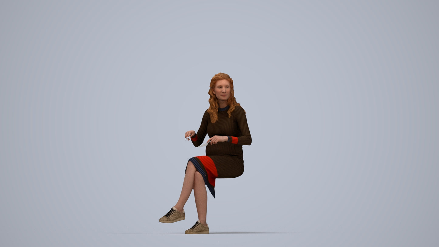 3D people model woman casual sitting, scanned human for 3ds Max rendering, top-down view render