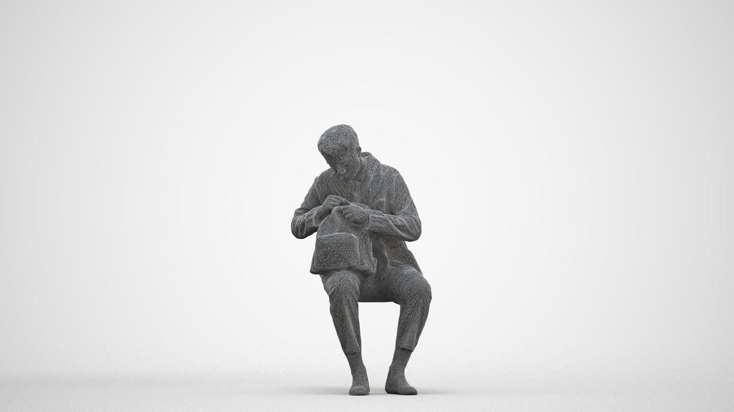 scanned 3D man casual sitting, photogrammetry people for Enscape and V-Ray, three-quarter front view render
