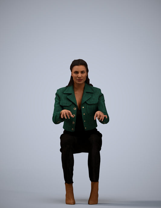 3D human model woman business sitting, photogrammetry scanned person for archviz