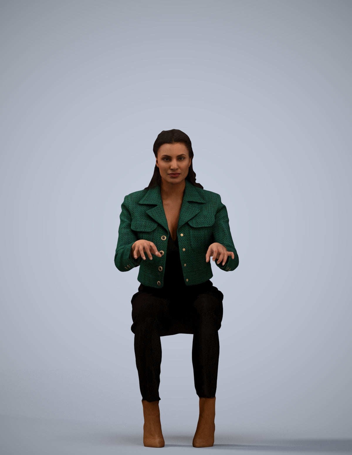 3D human model woman business sitting, photogrammetry scanned person for archviz
