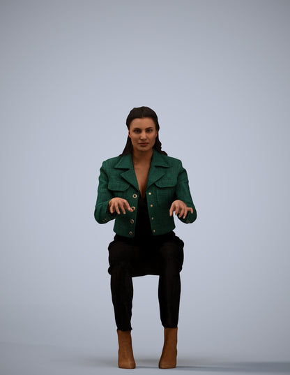 3D human model woman business sitting, photogrammetry scanned person for archviz
