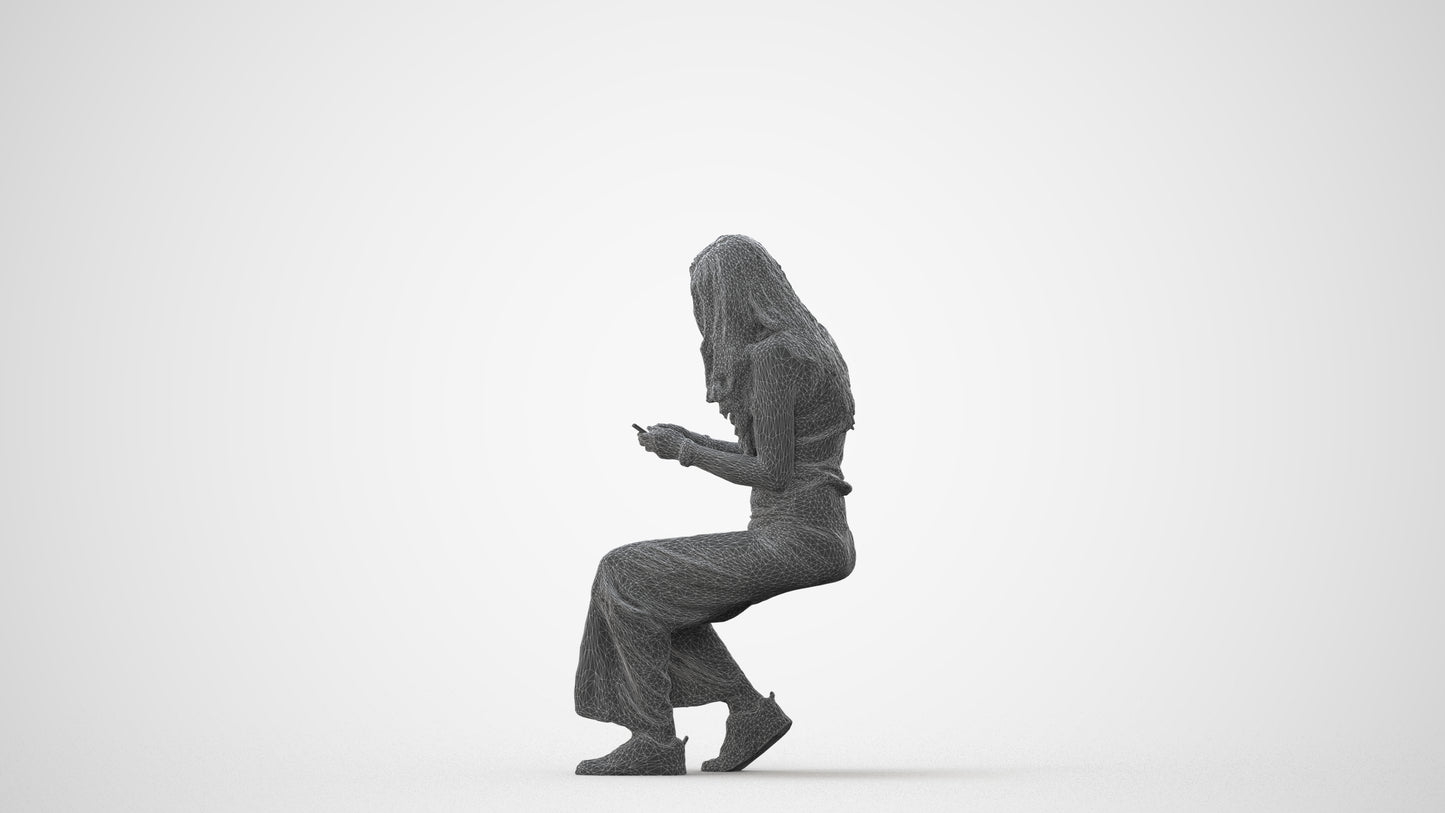 3D human model woman casual sitting, photogrammetry scanned person for archviz, square thumbnail