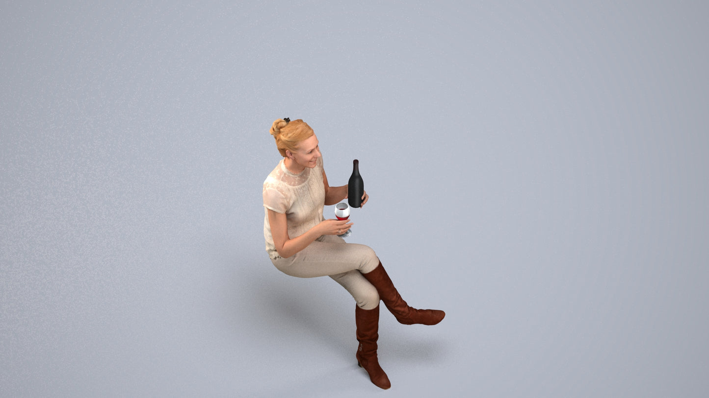3D human model woman casual sitting, photogrammetry scanned person for archviz, back view render