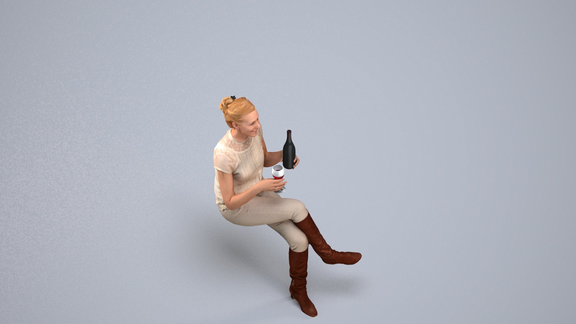 3D human model woman casual sitting, photogrammetry scanned person for archviz, back view render