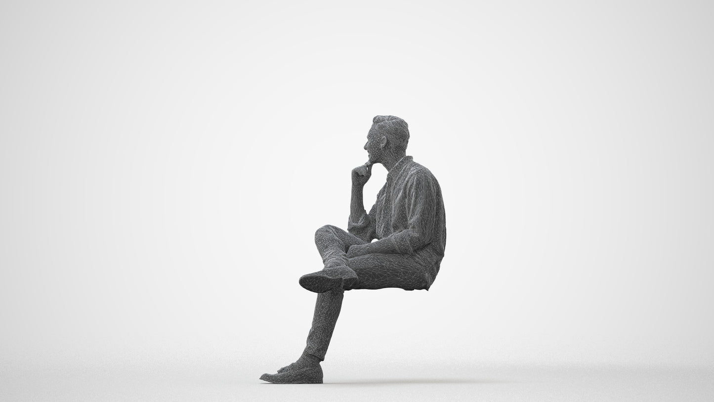 realistic 3D man casual sitting, scanned archviz people for Blender and 3ds Max, square thumbnail