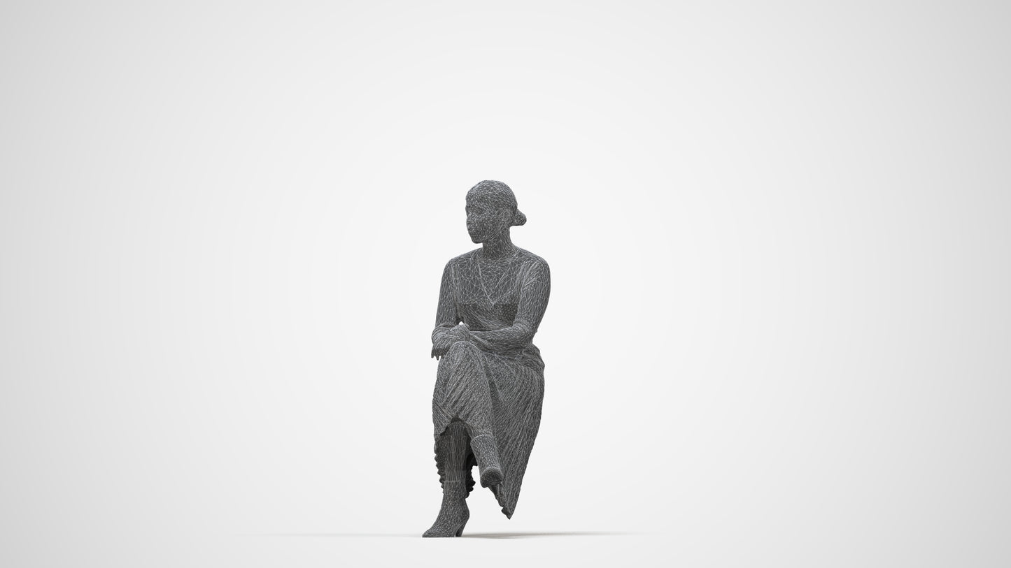 photogrammetry 3D woman casual sitting, realistic human model archviz FBX, wireframe back view