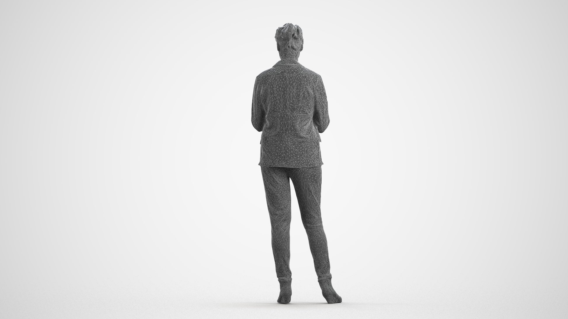 realistic 3D human woman business standing, archviz people FBX OBJ for Blender, wireframe front view