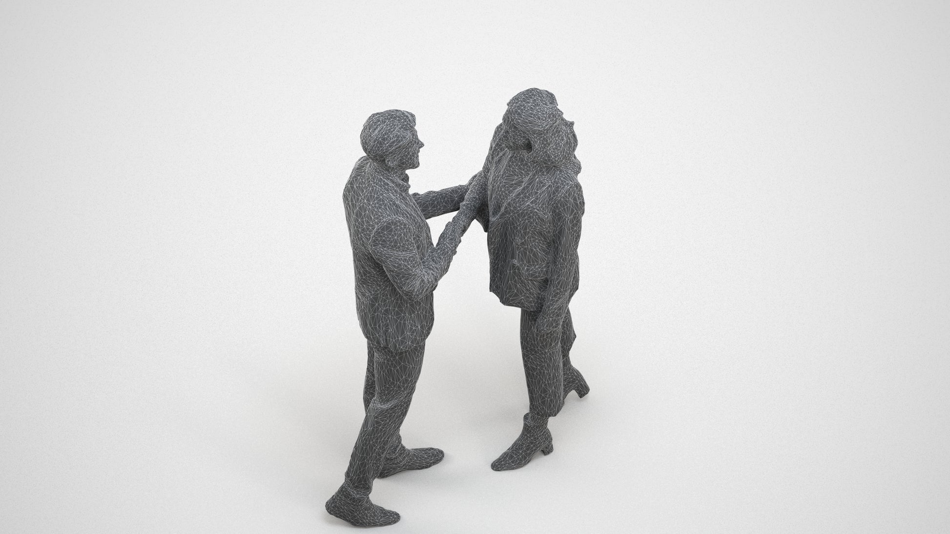 3D human model woman business, photogrammetry scanned person for archviz, wireframe three-quarter view
