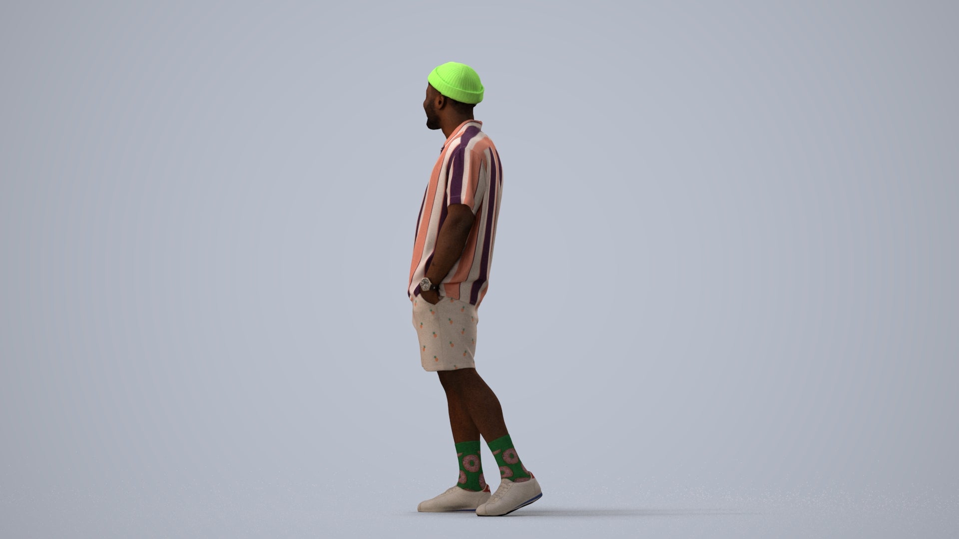 3D scanned man walking casual, photorealistic archviz people for Enscape and SketchUp, three-quarter view render