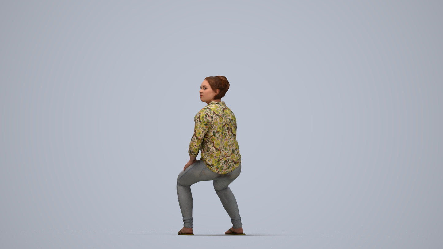 photogrammetry 3D woman casual sitting, realistic human model archviz FBX, top-down view render