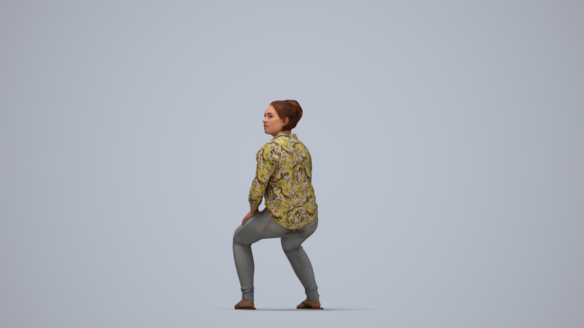 photogrammetry 3D woman casual sitting, realistic human model archviz FBX, top-down view render