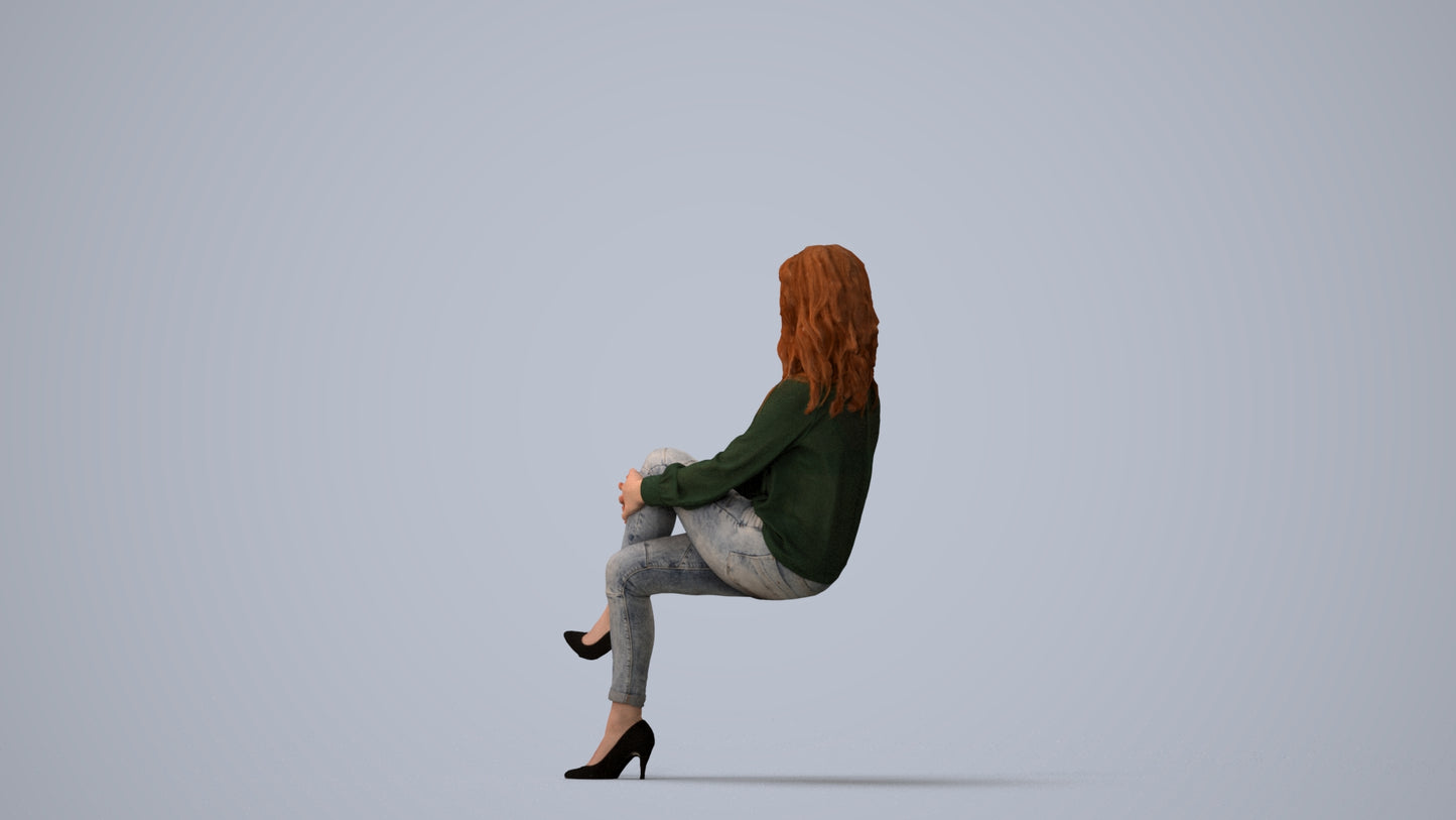 realistic 3D woman casual sitting, scanned archviz people for Blender and 3ds Max, three-quarter view render